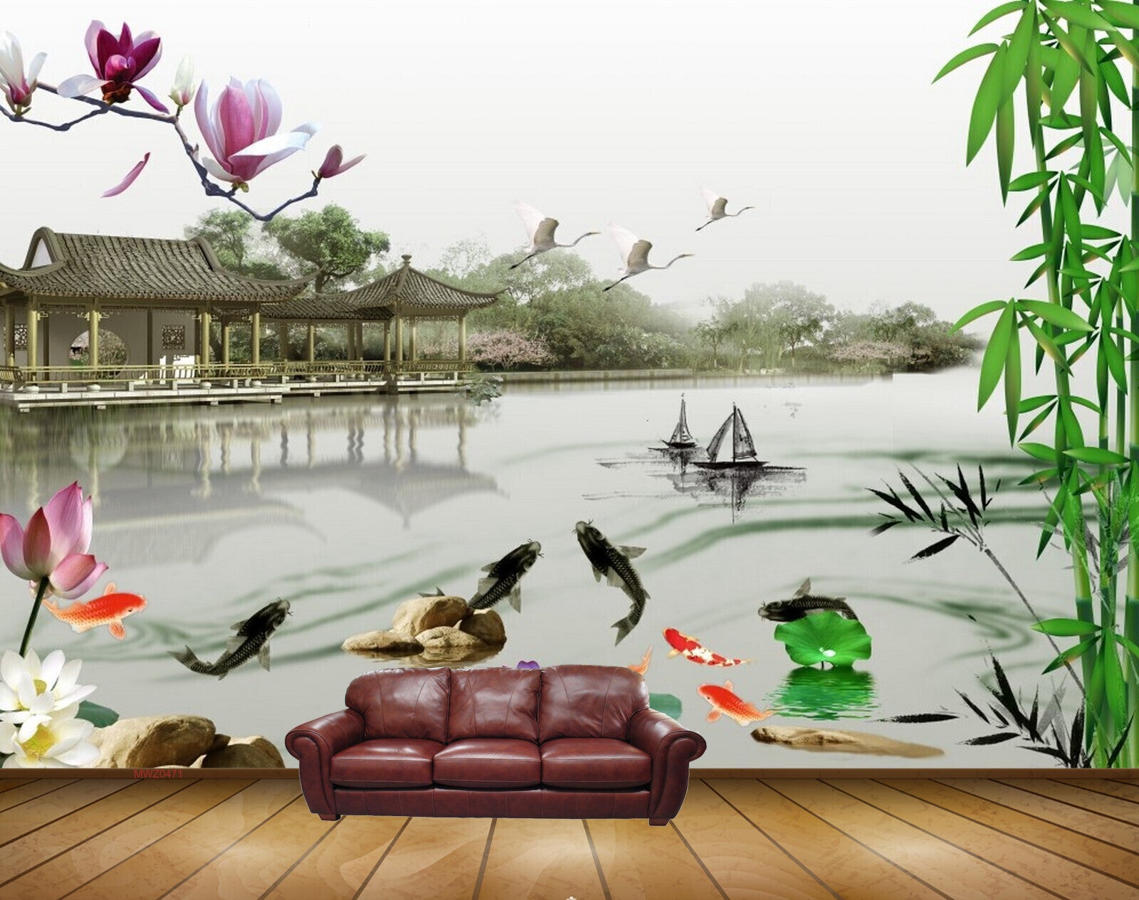 Avikalp MWZ0471 Pink White Lotus Flowers Fishes Boats House Trees 3D HD Wallpaper