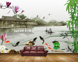 Avikalp MWZ0471 Pink White Lotus Flowers Fishes Boats House Trees 3D HD Wallpaper