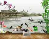Avikalp MWZ0471 Pink White Lotus Flowers Fishes Boats House Trees 3D HD Wallpaper