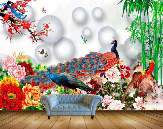 Avikalp MWZ0473 Peacocks Birds Red Pink Yellow Flowers Trees HD Wallpaper