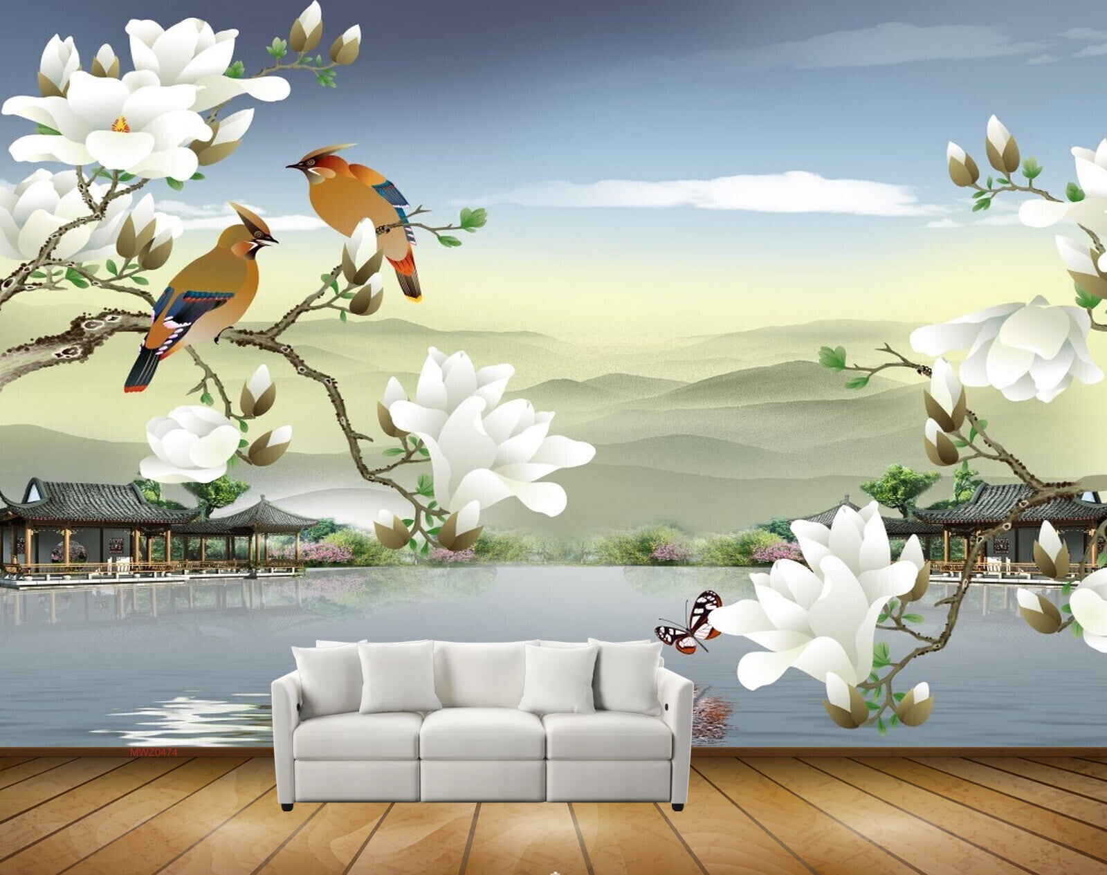 Avikalp MWZ0474 White Flowers Birds Butterflies River House HD Wallpaper