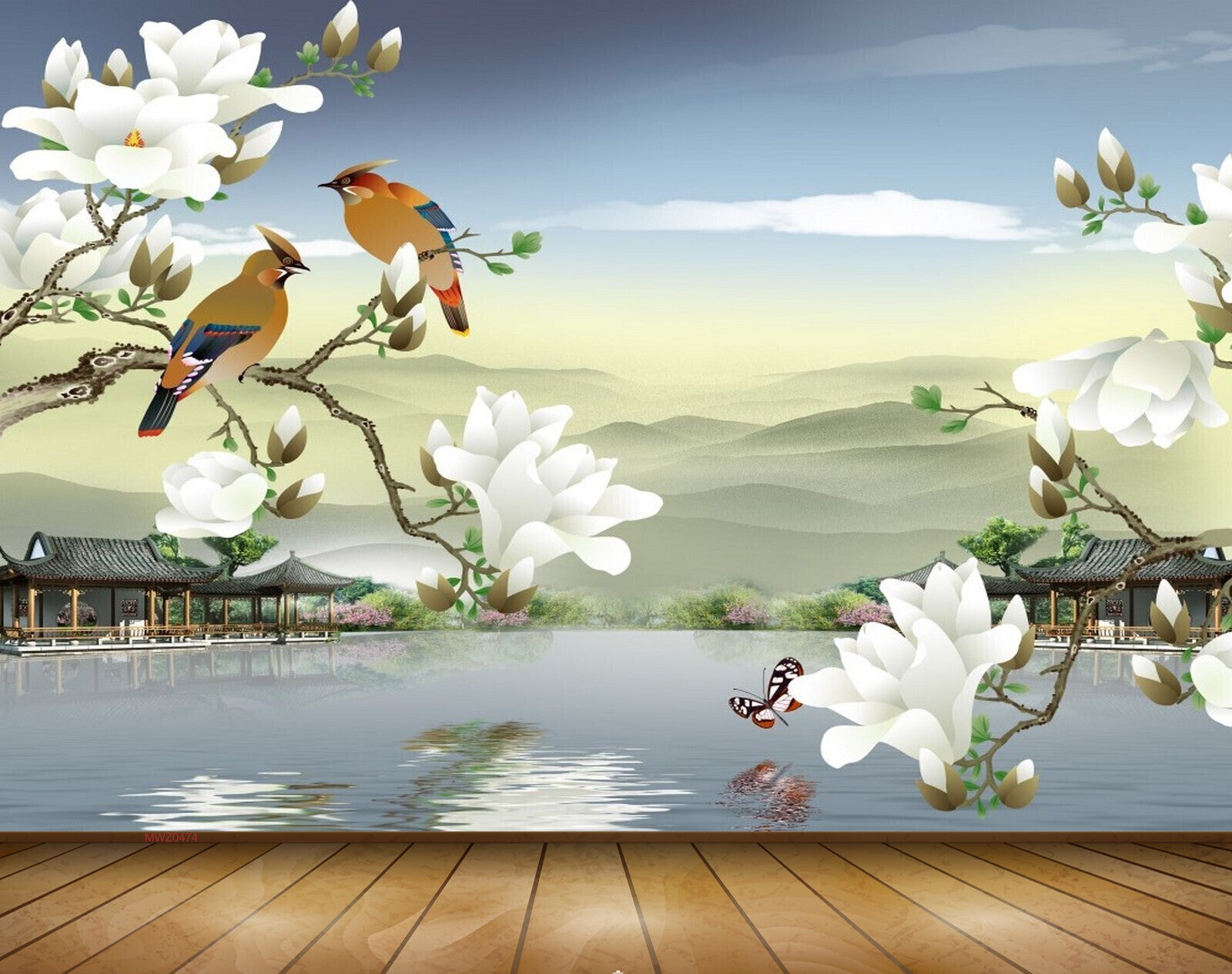 Avikalp MWZ0474 White Flowers Birds Butterflies River House 3D HD Wallpaper