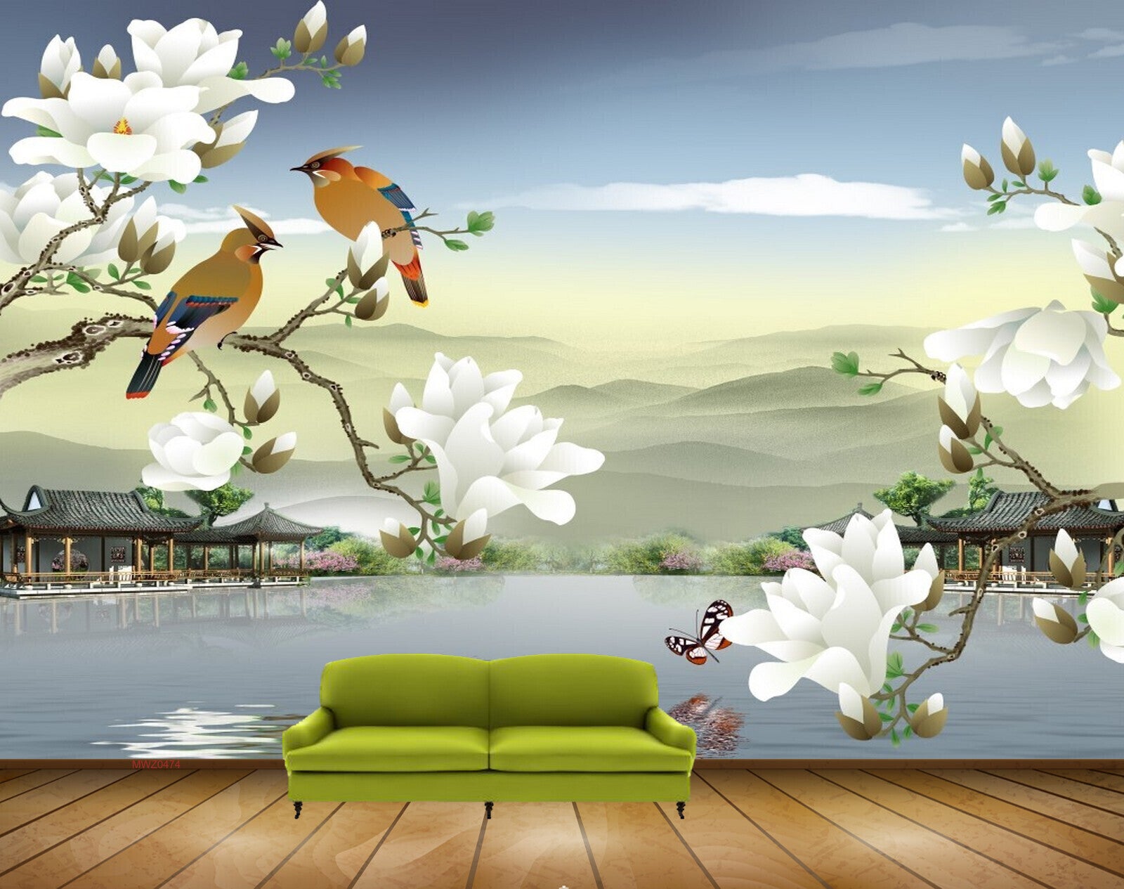 Avikalp MWZ0474 White Flowers Birds Butterflies River House 3D HD Wallpaper