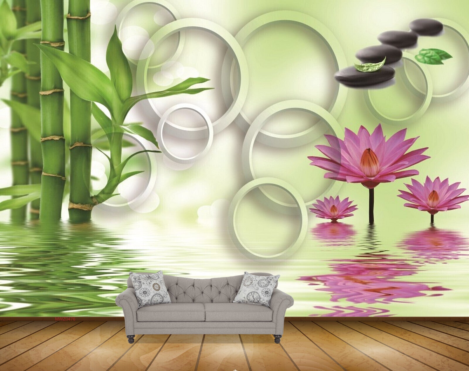 Avikalp MWZ0476 Pink Lotus Flowers Stones Trees 3D HD Wallpaper