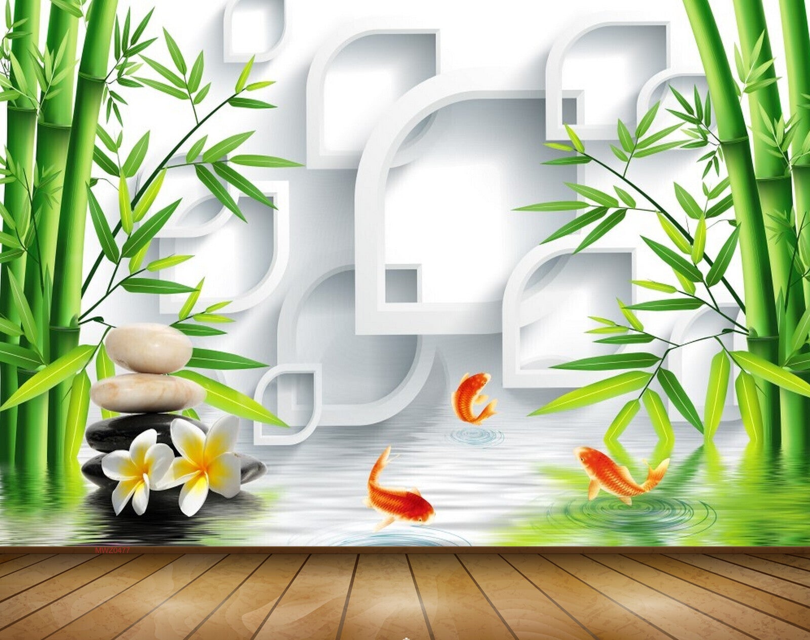 Avikalp MWZ0477 White Flowers Fishes Trees Stones 3D HD Wallpaper