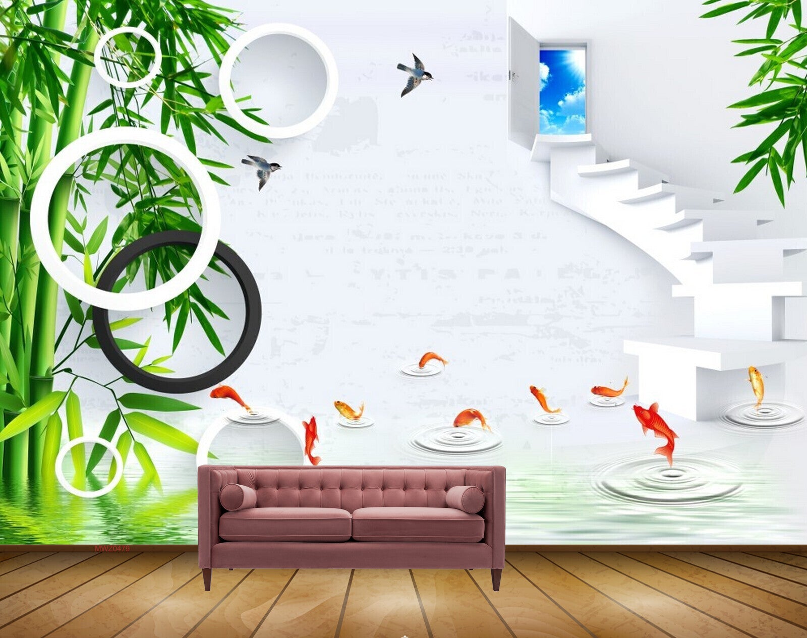 Avikalp MWZ0479 Fishes River Steps Trees 3D HD Wallpaper