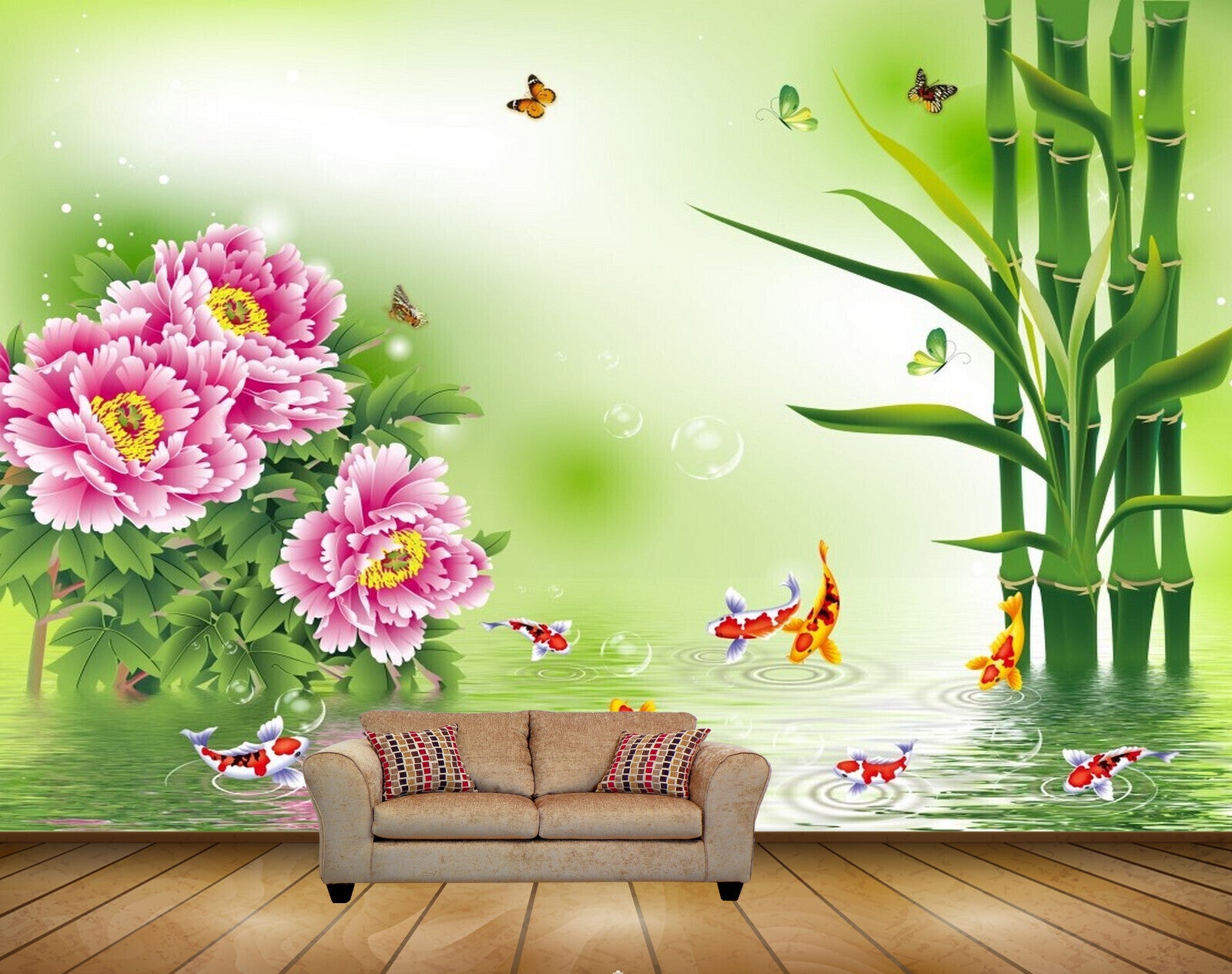 Avikalp MWZ0480 Pink Flowers Butterflies Fishes Trees River 3D HD Wallpaper
