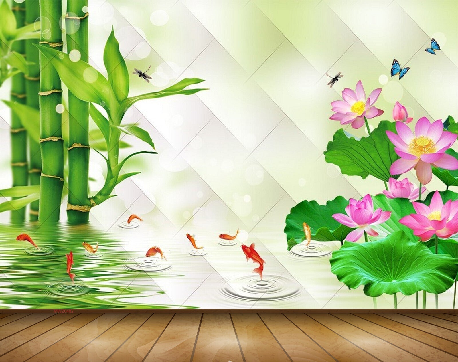 Avikalp MWZ0482 Pink Flowers Fishes Trees Butterflies 3D HD Wallpaper
