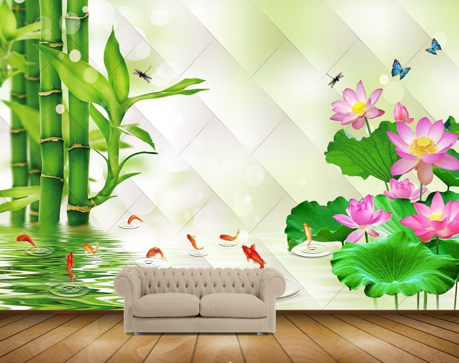 Avikalp MWZ0482 Pink Flowers Fishes Trees Butterflies 3D HD Wallpaper