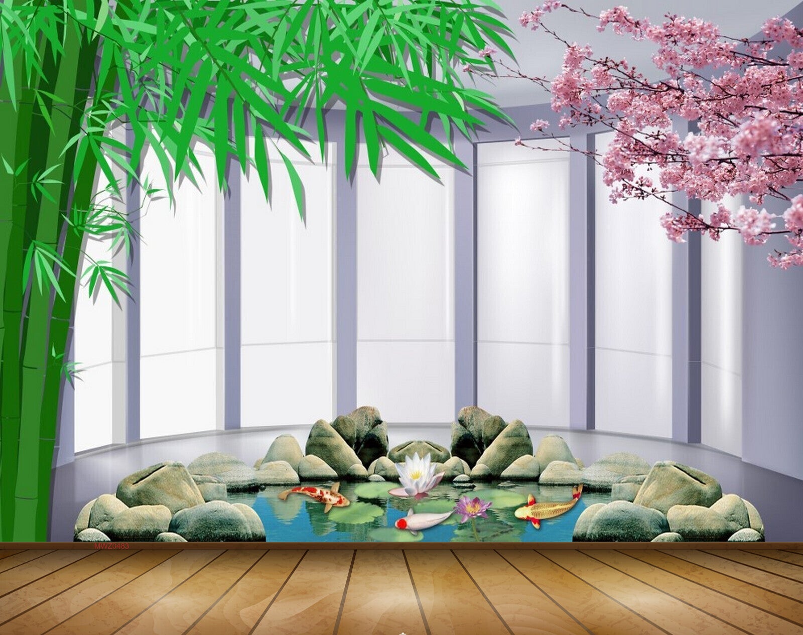 Avikalp MWZ0483 Stones Pink Flowers Trees Fishes 3D HD Wallpaper