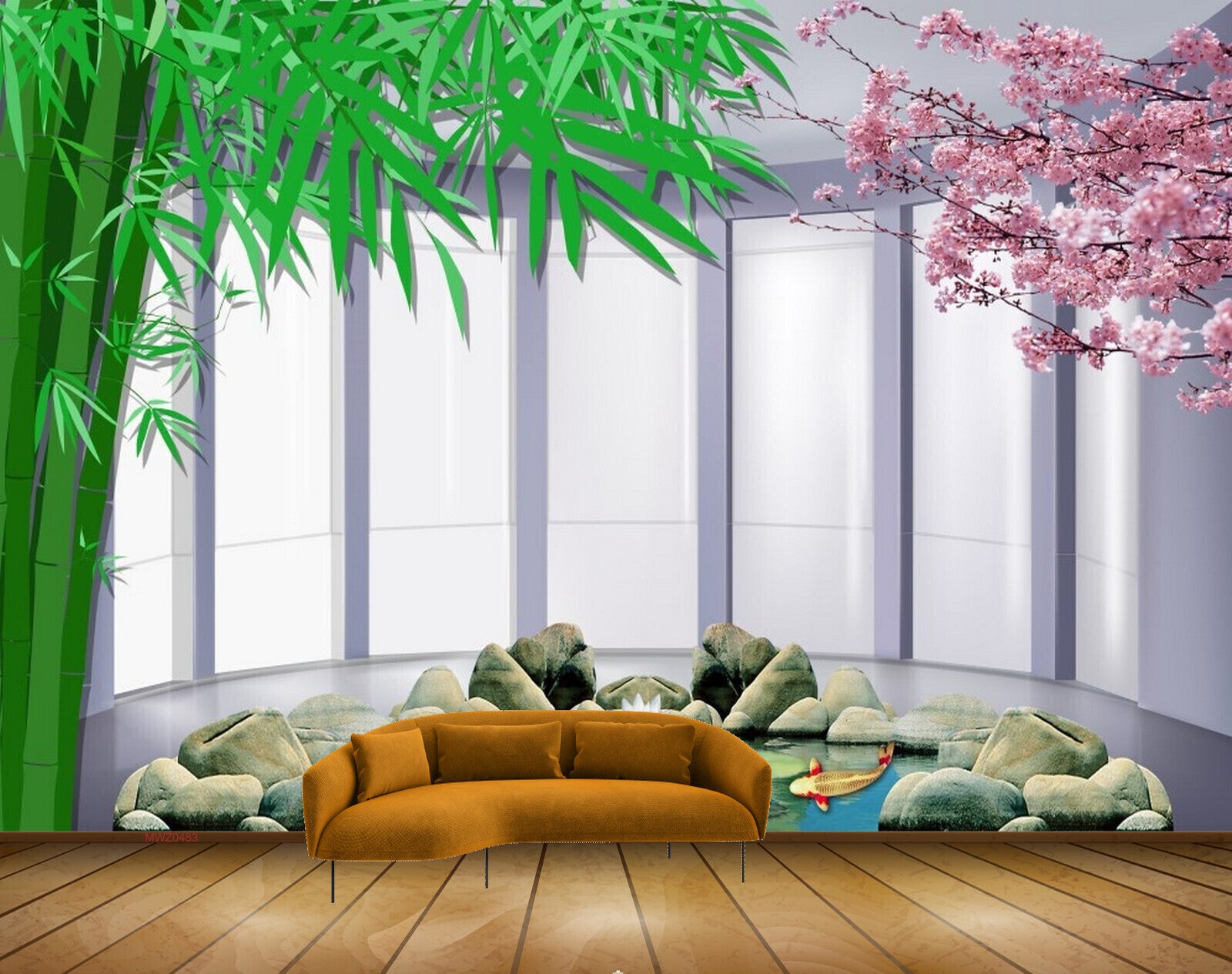 Avikalp MWZ0483 Stones Pink Flowers Trees Fishes 3D HD Wallpaper