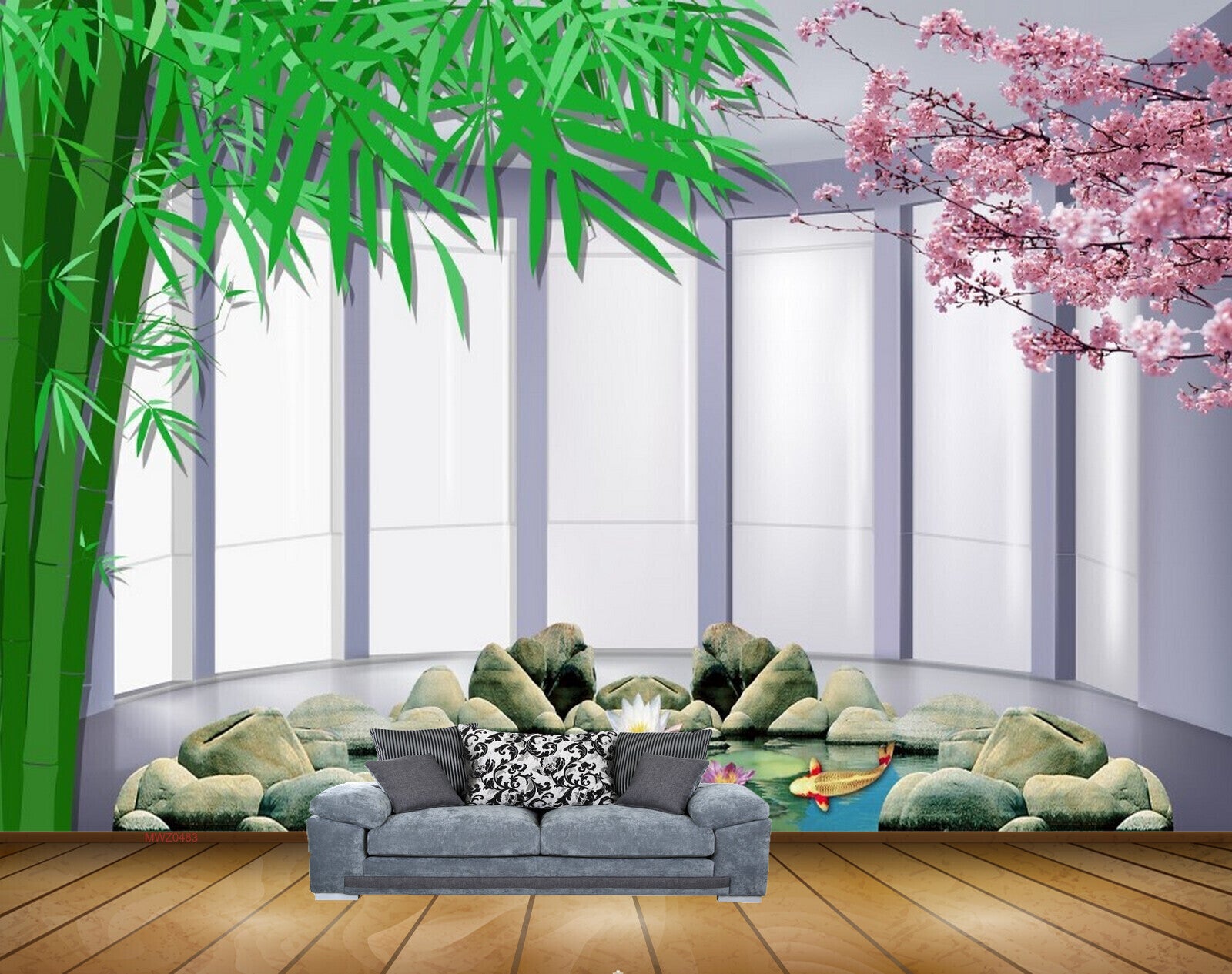 Avikalp MWZ0483 Stones Pink Flowers Trees Fishes 3D HD Wallpaper
