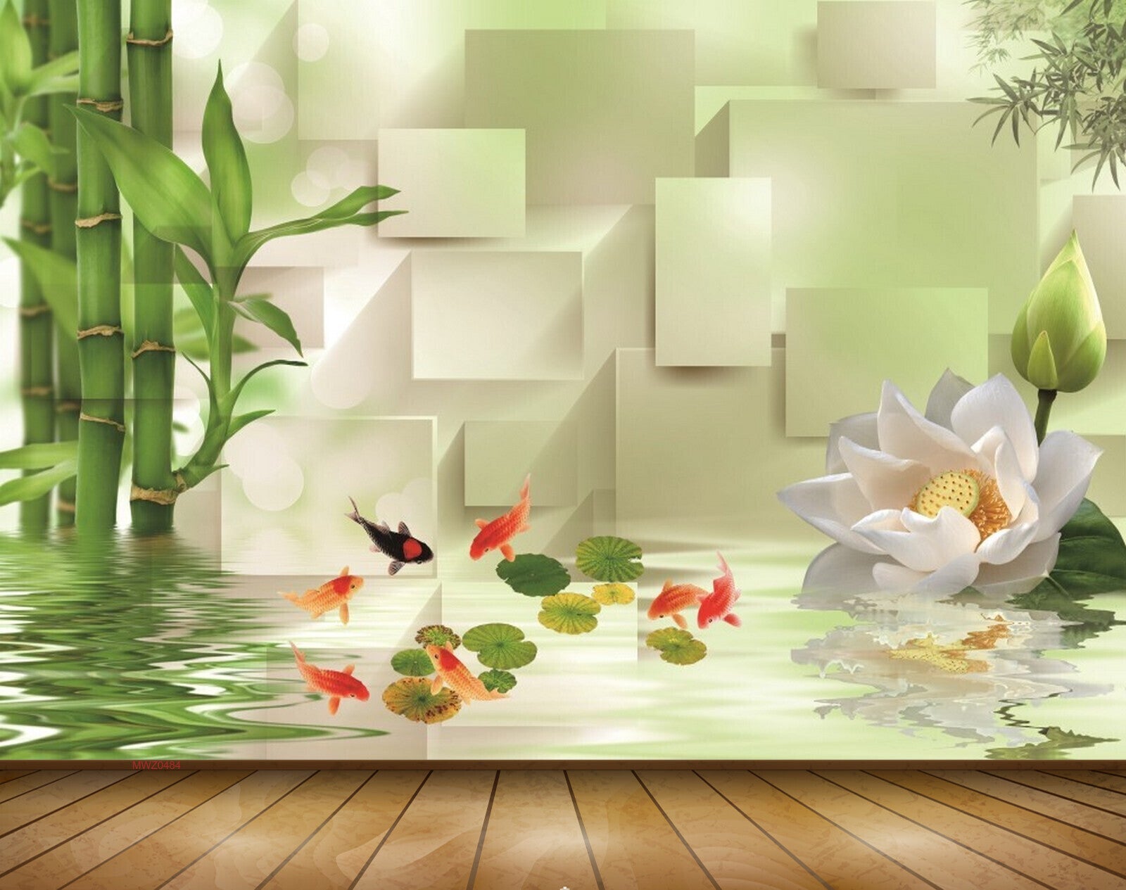Avikalp MWZ0484 White Lotus Fishes Trees 3D HD Wallpaper