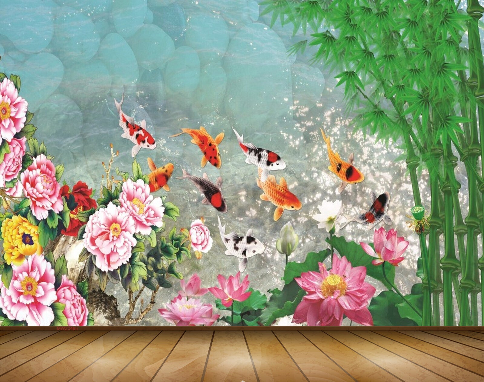 Avikalp MWZ0485 Pink White Yellow Flowers Fishes Trees 3D HD Wallpaper