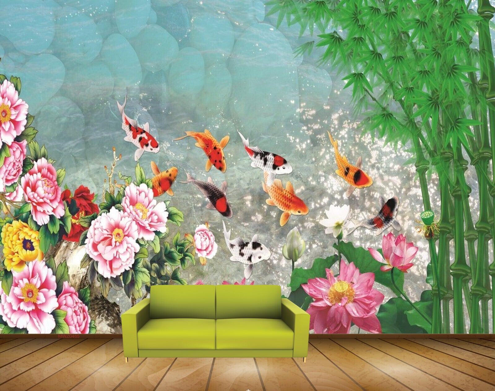 Avikalp MWZ0485 Pink White Yellow Flowers Fishes Trees 3D HD Wallpaper