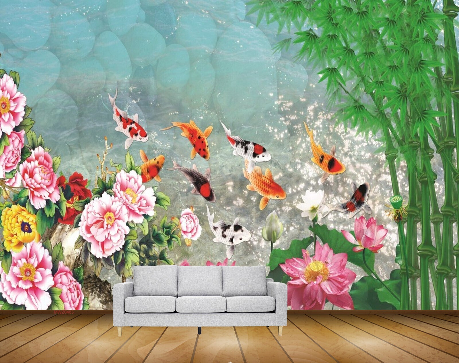 Avikalp MWZ0485 Pink White Yellow Flowers Fishes Trees 3D HD Wallpaper