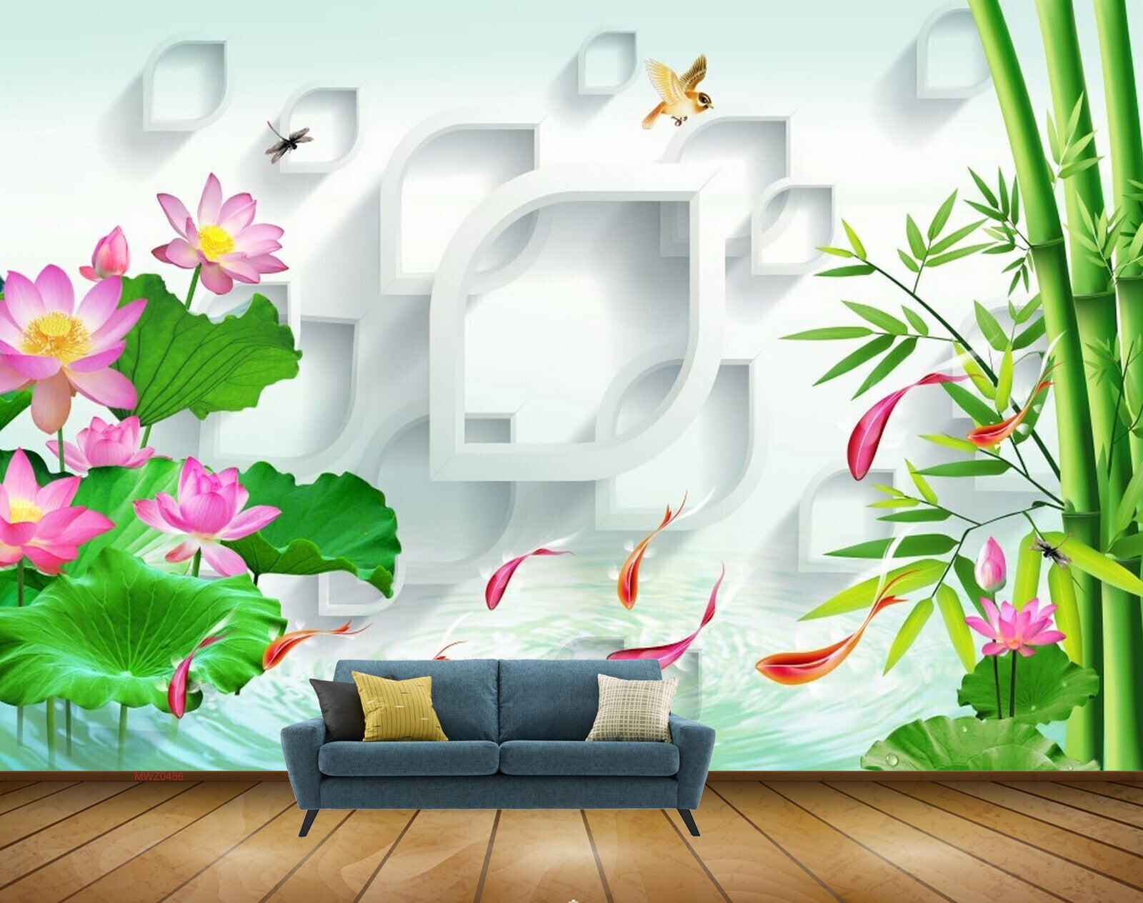 Avikalp MWZ0486 Pink Flowers Water Fishes Treses 3D HD Wallpaper