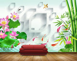 Avikalp MWZ0486 Pink Flowers Water Fishes Treses 3D HD Wallpaper