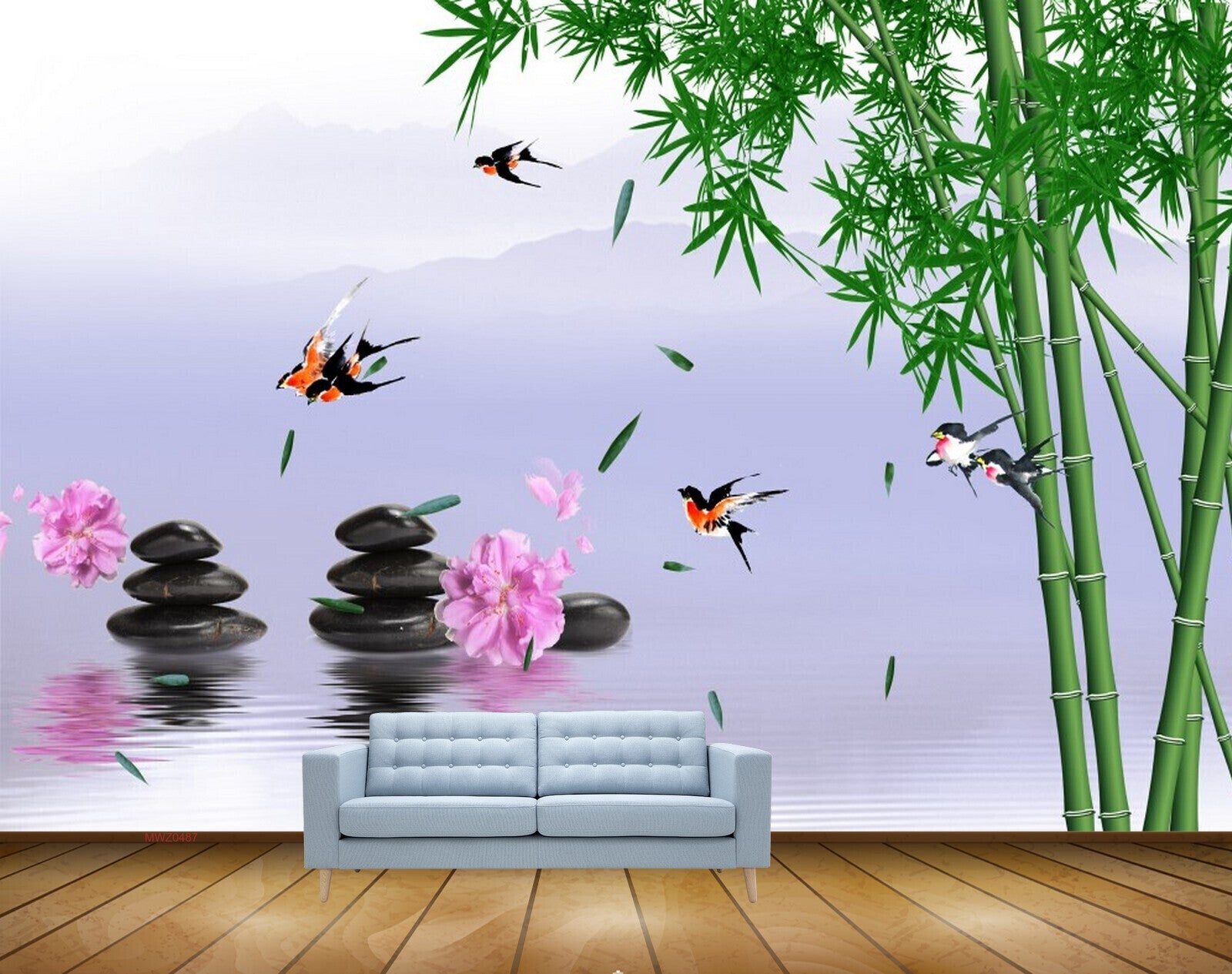 Avikalp MWZ0487 Pink Flowers Stones Birds Trees River HD Wallpaper