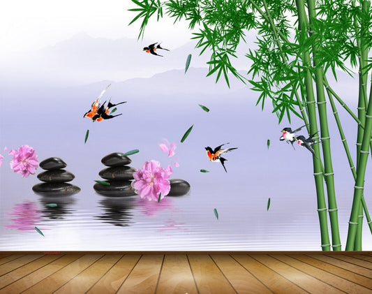 Avikalp MWZ0487 Pink Flowers Stones Birds Trees River 3D HD Wallpaper