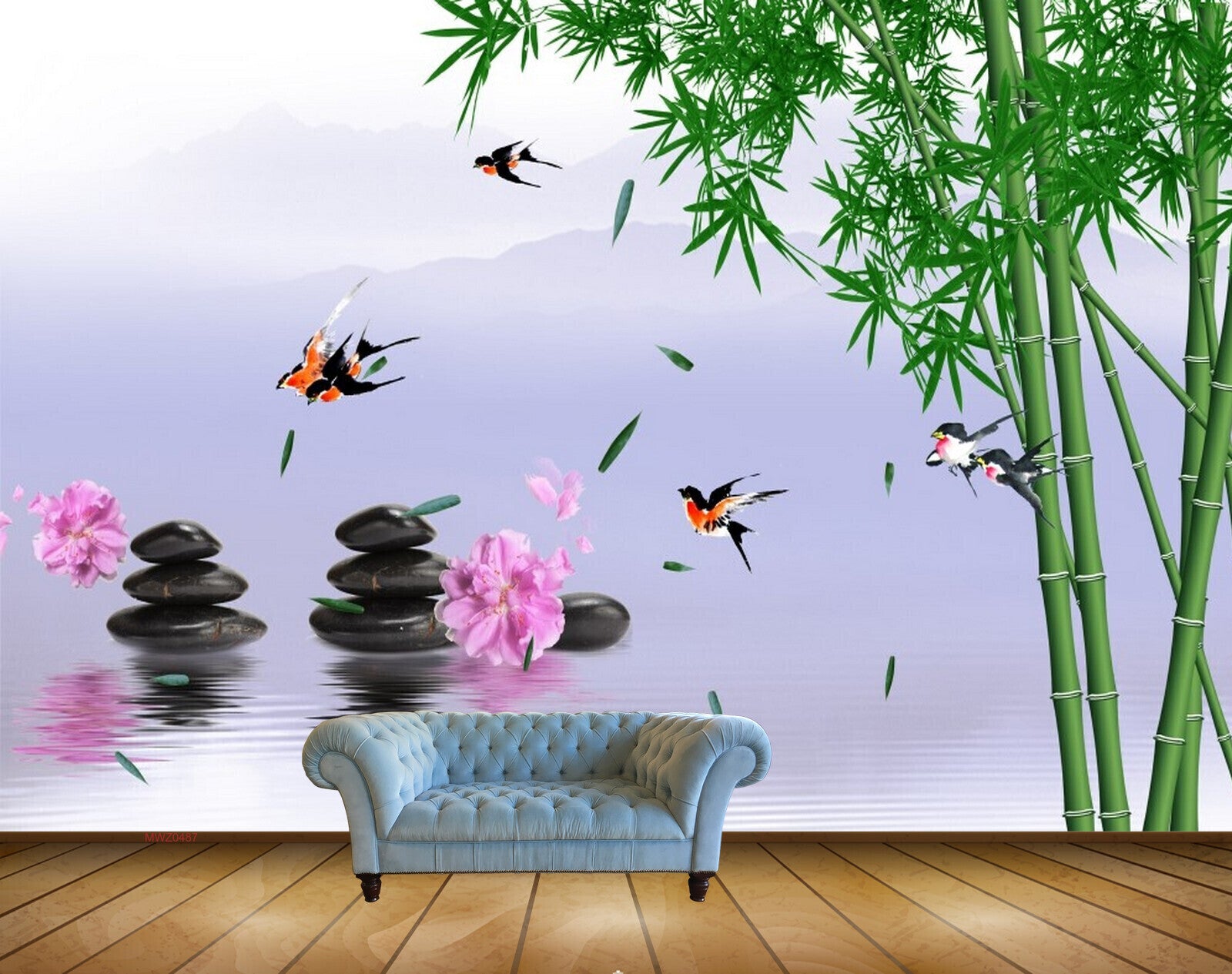 Avikalp MWZ0487 Pink Flowers Stones Birds Trees River 3D HD Wallpaper