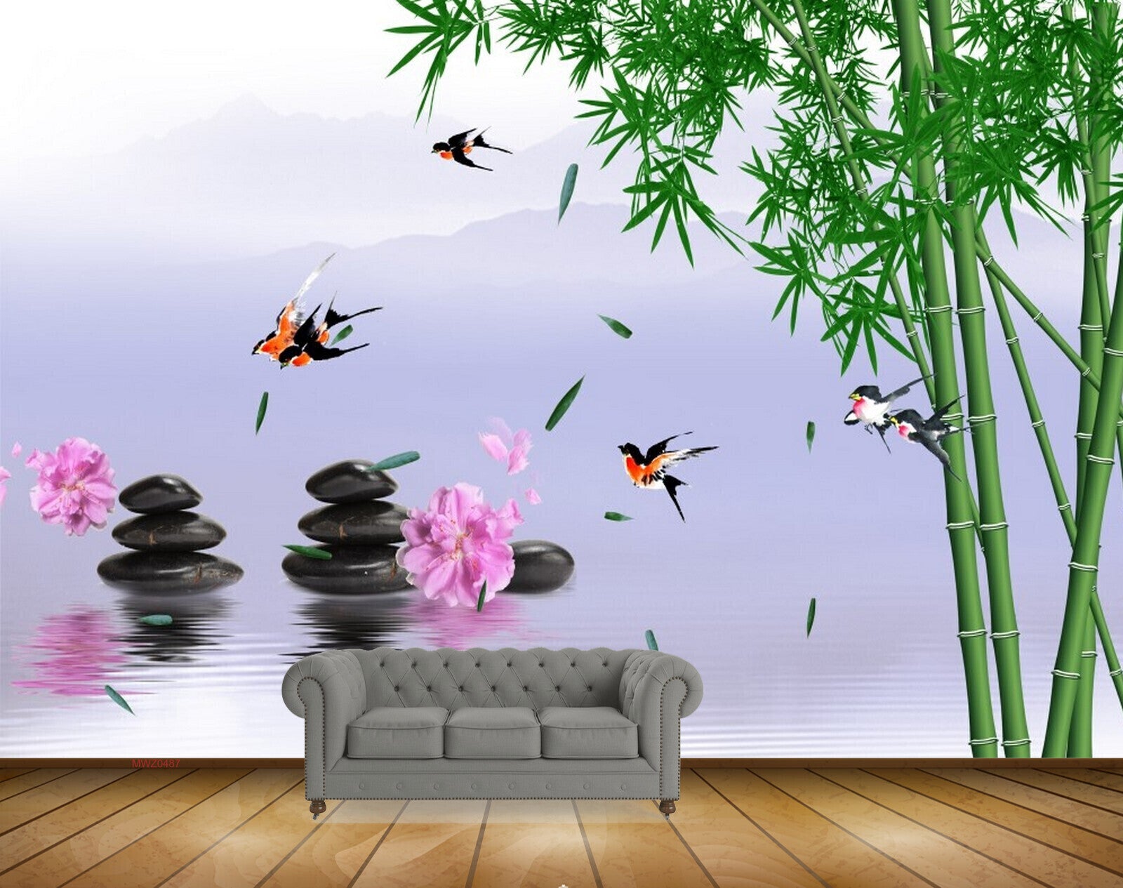 Avikalp MWZ0487 Pink Flowers Stones Birds Trees River 3D HD Wallpaper