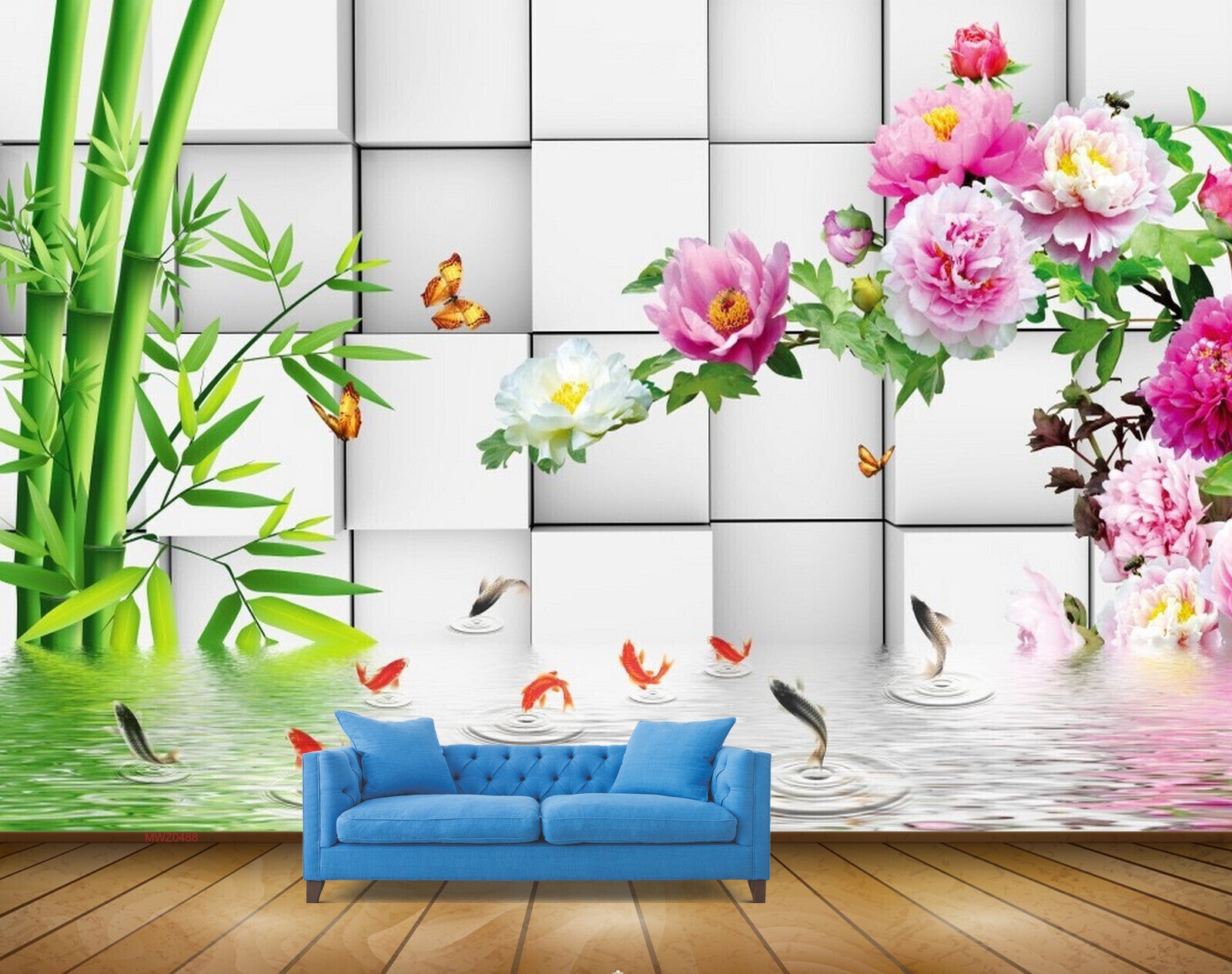 Avikalp MWZ0488 Pink White Flowers Fishes Trees 3D HD Wallpaper