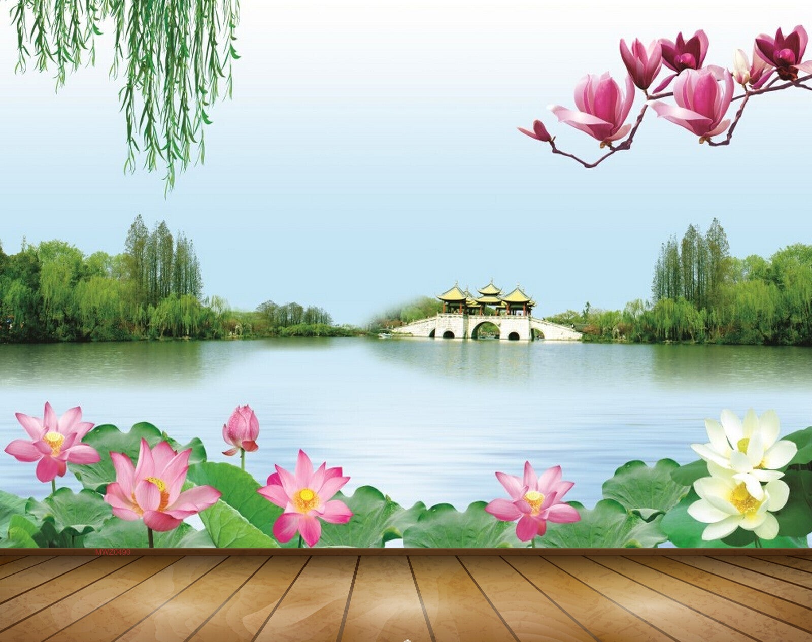 Avikalp MWZ0490 White Pink Lotus Flowers River Trees 3D HD Wallpaper