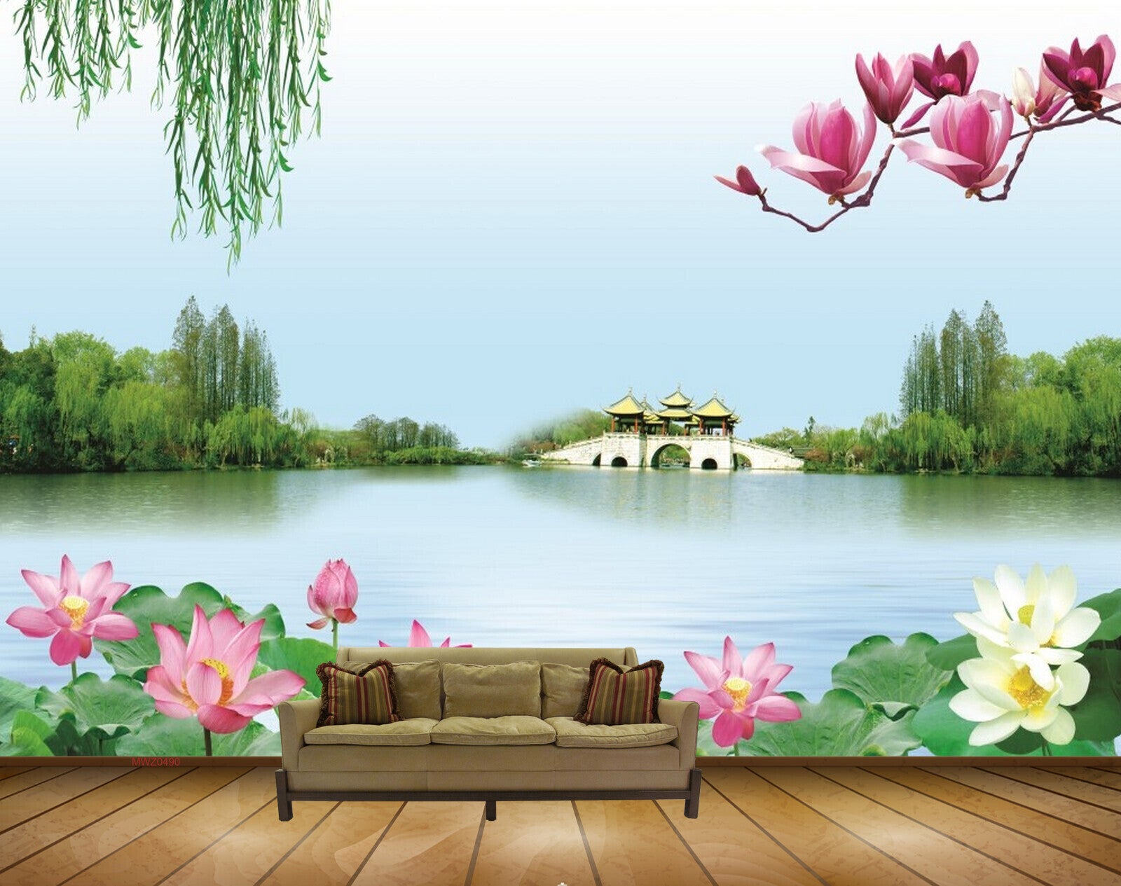 Avikalp MWZ0490 White Pink Lotus Flowers River Trees 3D HD Wallpaper