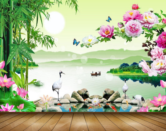 Avikalp MWZ0492 Pink White Flowers Butterflies Swans River Stones Trees 3D HD Wallpaper
