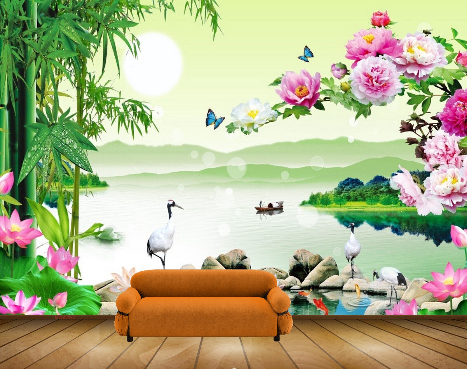 Avikalp MWZ0492 Pink White Flowers Butterflies Swans River Stones Trees 3D HD Wallpaper