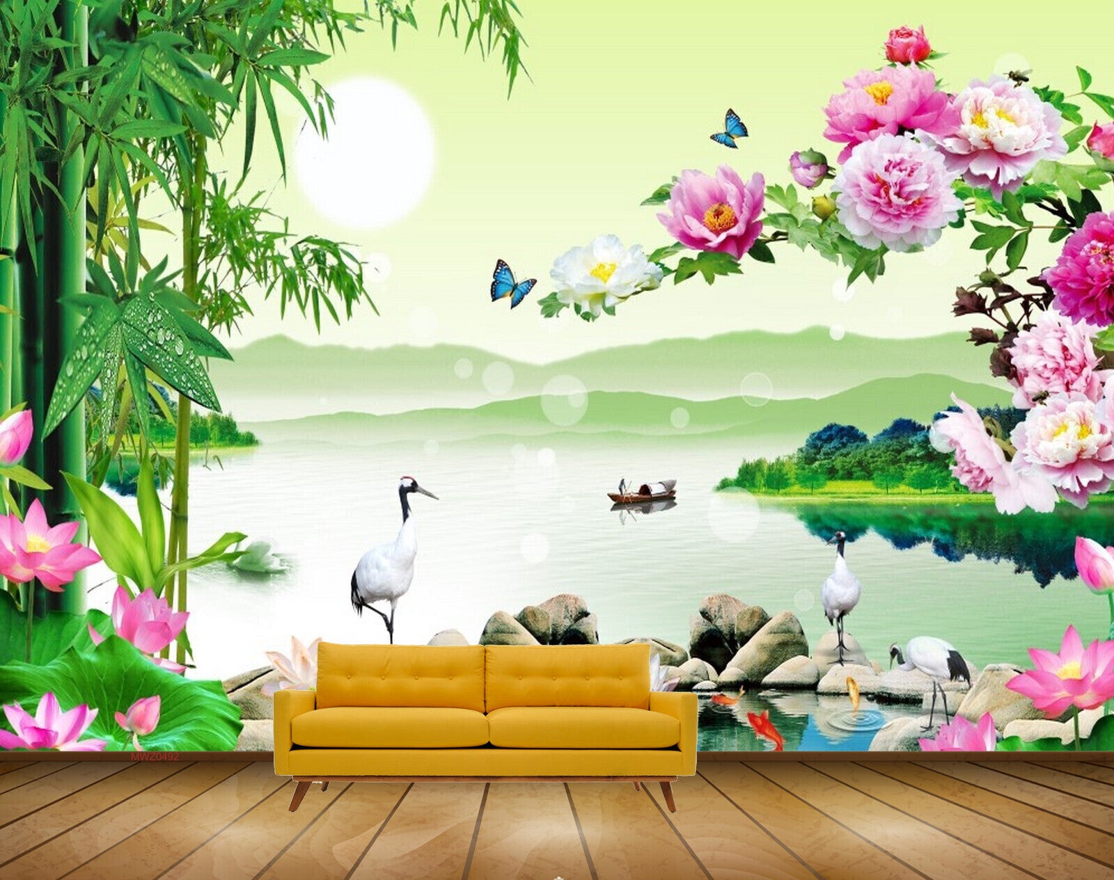 Avikalp MWZ0492 Pink White Flowers Butterflies Swans River Stones Trees 3D HD Wallpaper
