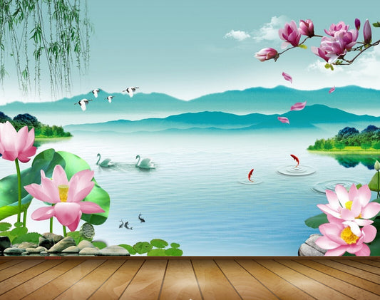 Avikalp MWZ0494 Pink Lotus Flower Swans River 3D HD Wallpaper