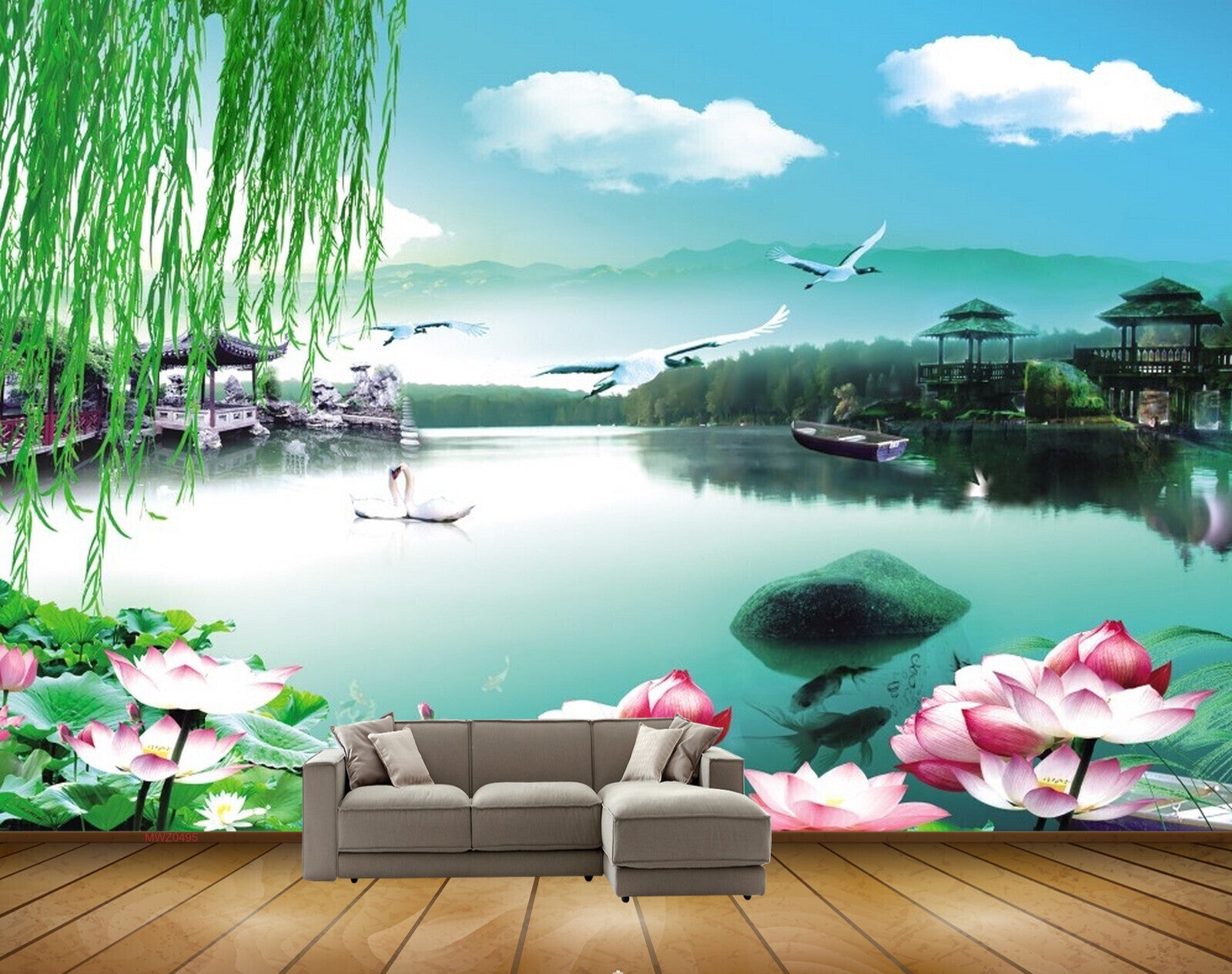 Avikalp MWZ0495 Pink White Lotus Birds River Clouds 3D HD Wallpaper