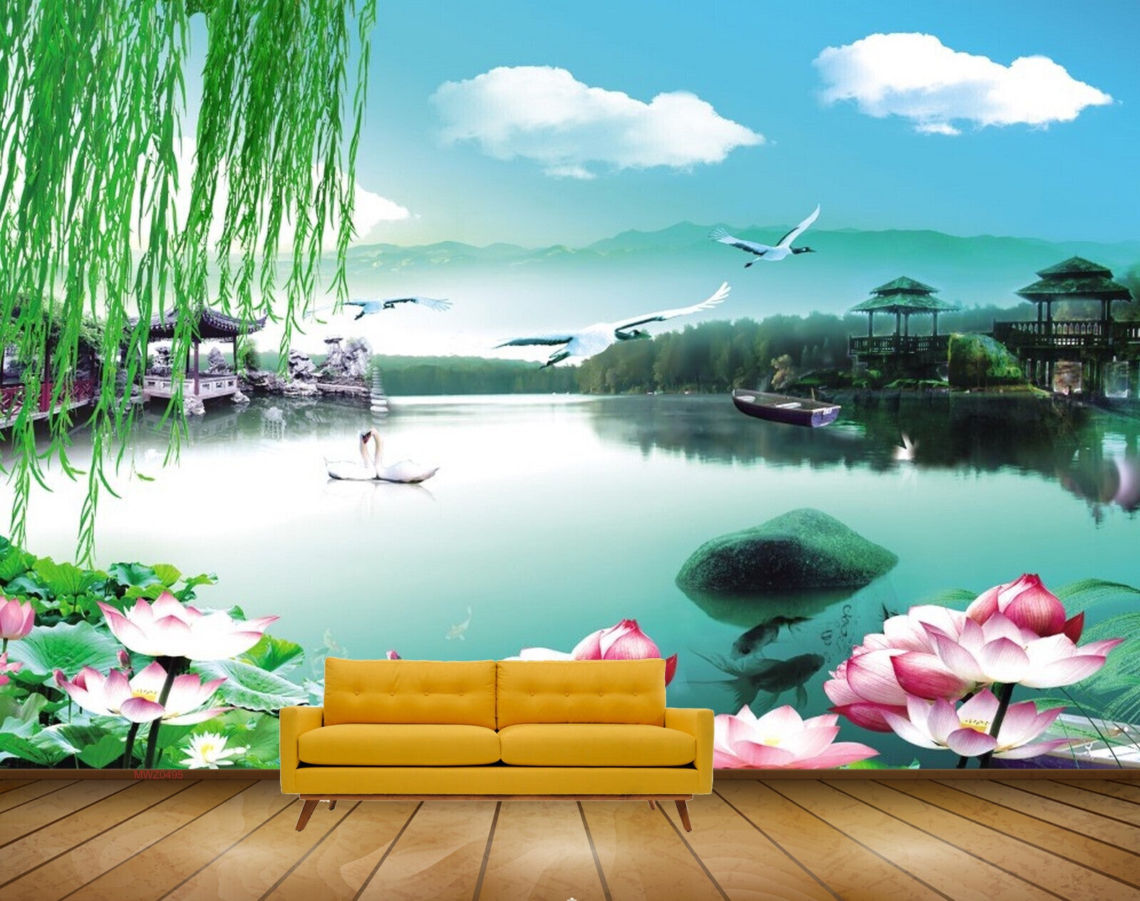 Avikalp MWZ0495 Pink White Lotus Birds River Clouds 3D HD Wallpaper