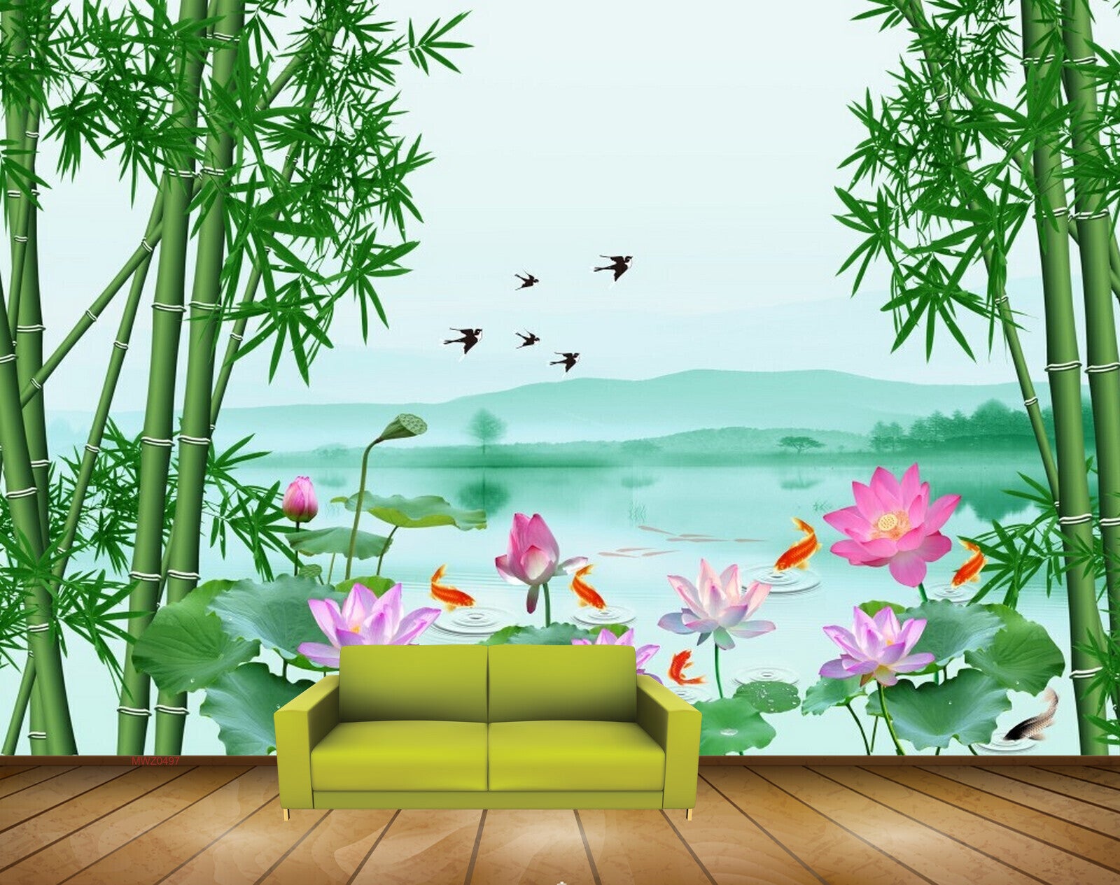 Avikalp MWZ0497 Pink Lotus Sea Birds Greenary HD Wallpaper
