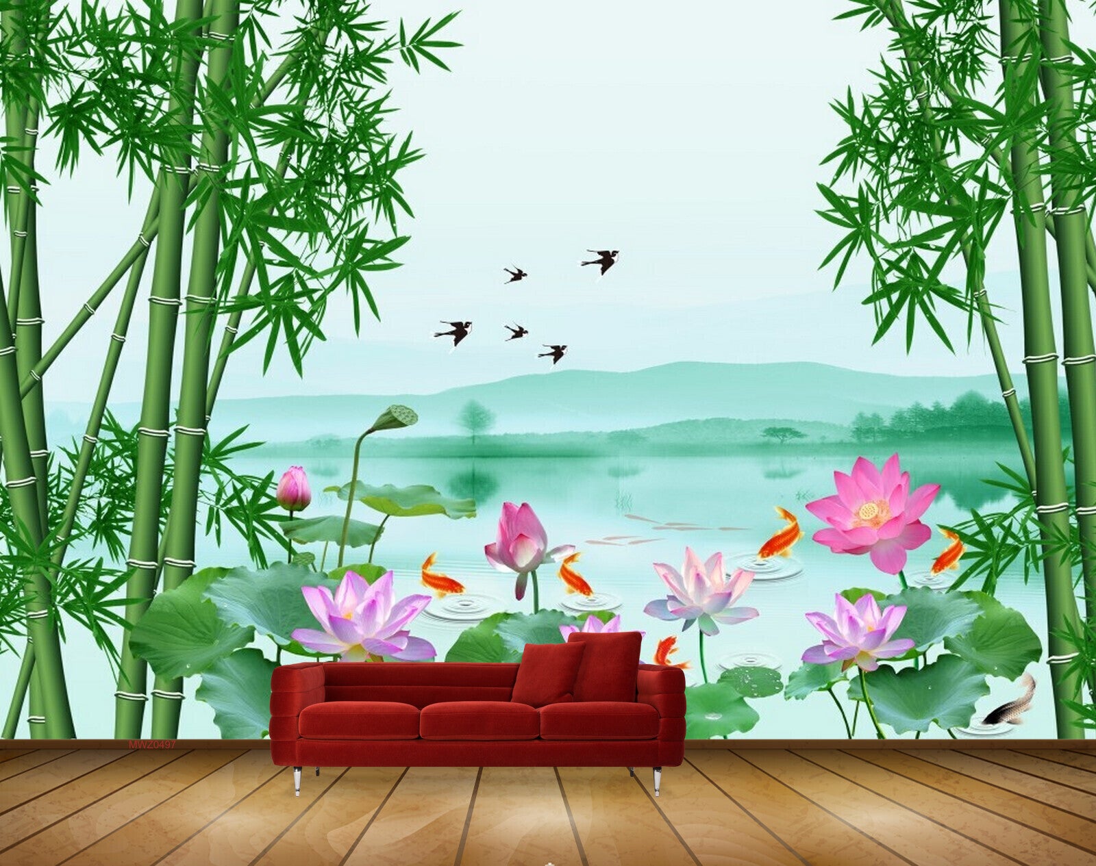 Avikalp MWZ0497 Pink Lotus Sea Birds Greenary 3D HD Wallpaper