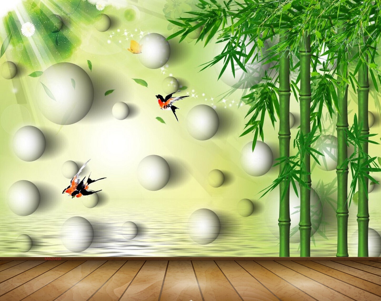 Avikalp MWZ0498 White Stones Greenary Birds 3D HD Wallpaper