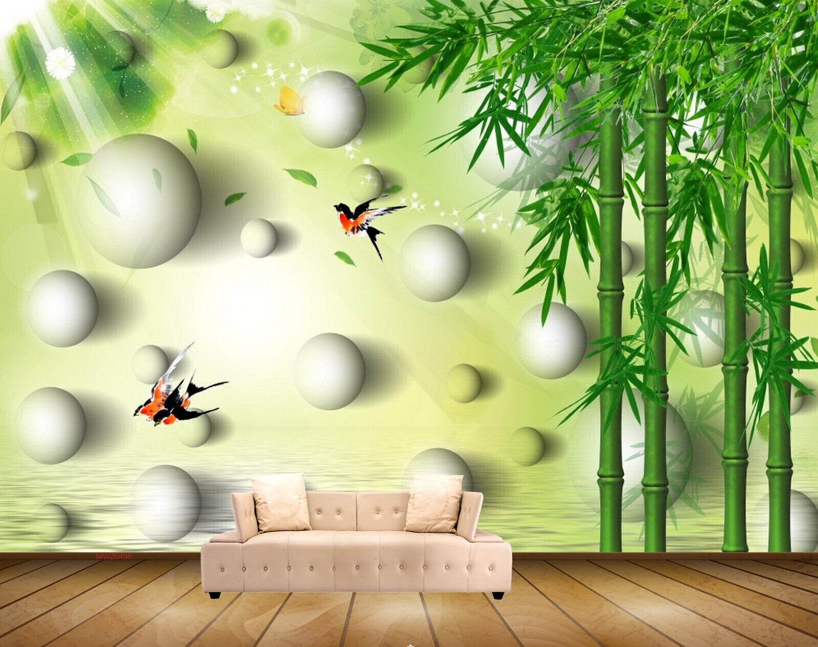 Avikalp MWZ0498 White Stones Greenary Birds 3D HD Wallpaper
