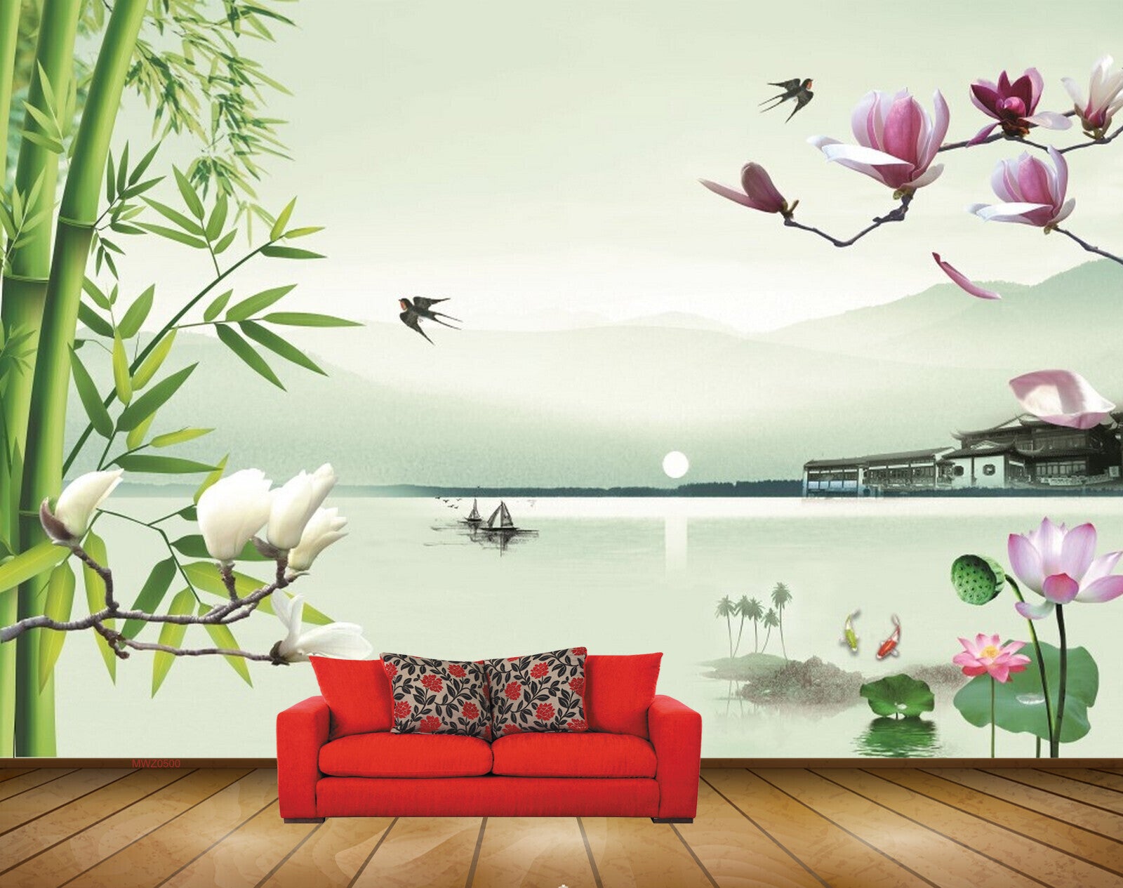 Avikalp MWZ0500 Pink Lotus Flowers Birds Trees Sun Boat HD Wallpaper