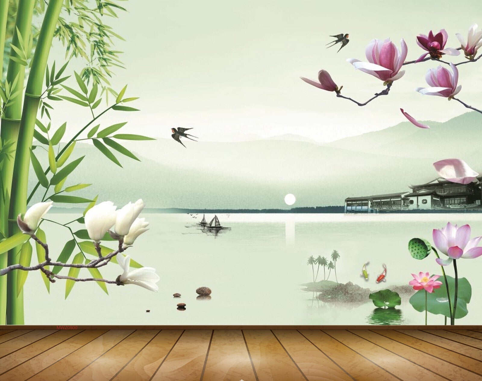 Avikalp MWZ0500 Pink Lotus Flowers Birds Trees Sun Boat 3D HD Wallpaper