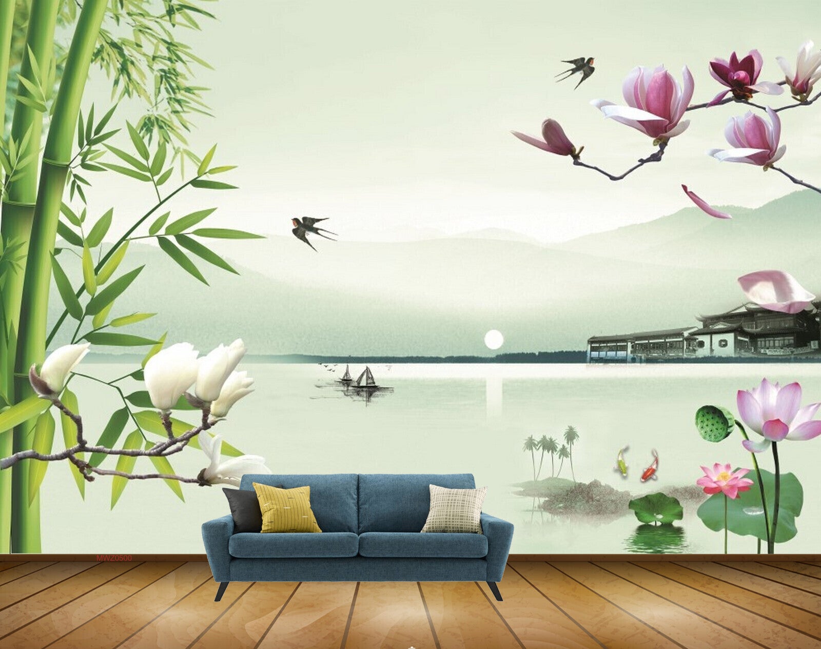 Avikalp MWZ0500 Pink Lotus Flowers Birds Trees Sun Boat 3D HD Wallpaper