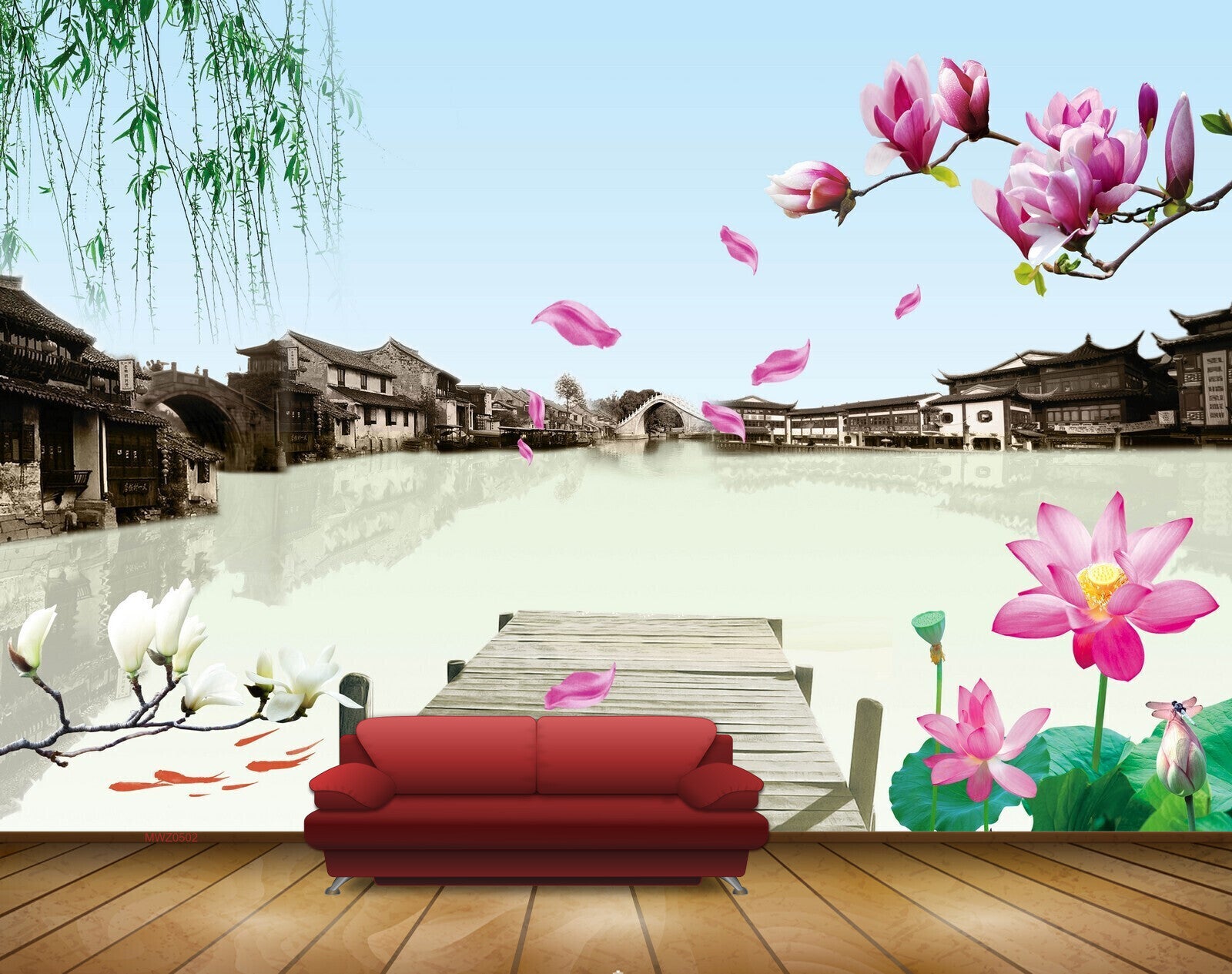 Avikalp MWZ0502 Pink Lotus Flowers Fishes Houses River 3D HD Wallpaper