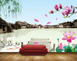 Avikalp MWZ0502 Pink Lotus Flowers Fishes Houses River 3D HD Wallpaper