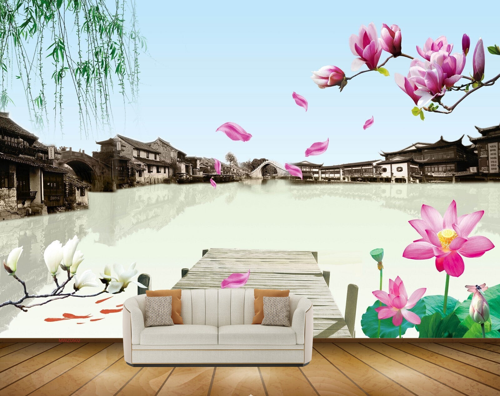 Avikalp MWZ0502 Pink Lotus Flowers Fishes Houses River 3D HD Wallpaper