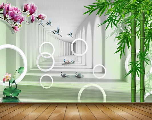 Avikalp MWZ0505 Pink White Flowers Ducks Birds Plants 3D HD Wallpaper