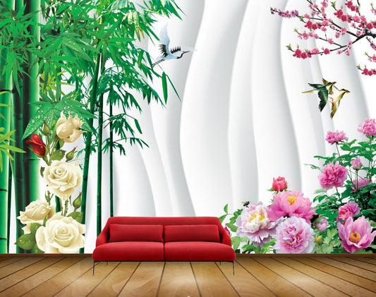 Avikalp MWZ0507 White Pink Flowers Birds Plants HD Wallpaper