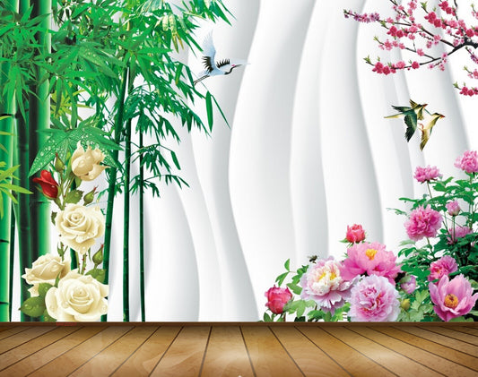 Avikalp MWZ0507 White Pink Flowers Birds Plants 3D HD Wallpaper