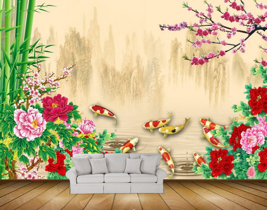 Avikalp MWZ0510 Pink Red White Flowers Fishes Plants HD Wallpaper