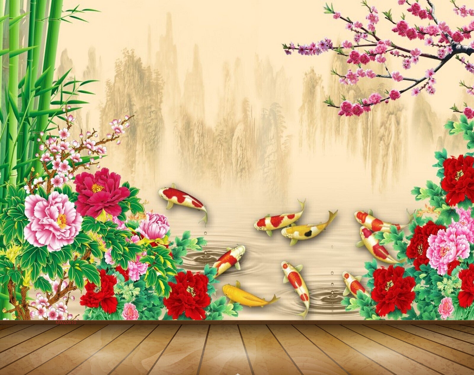 Avikalp MWZ0510 Pink Red White Flowers Fishes Plants 3D HD Wallpaper
